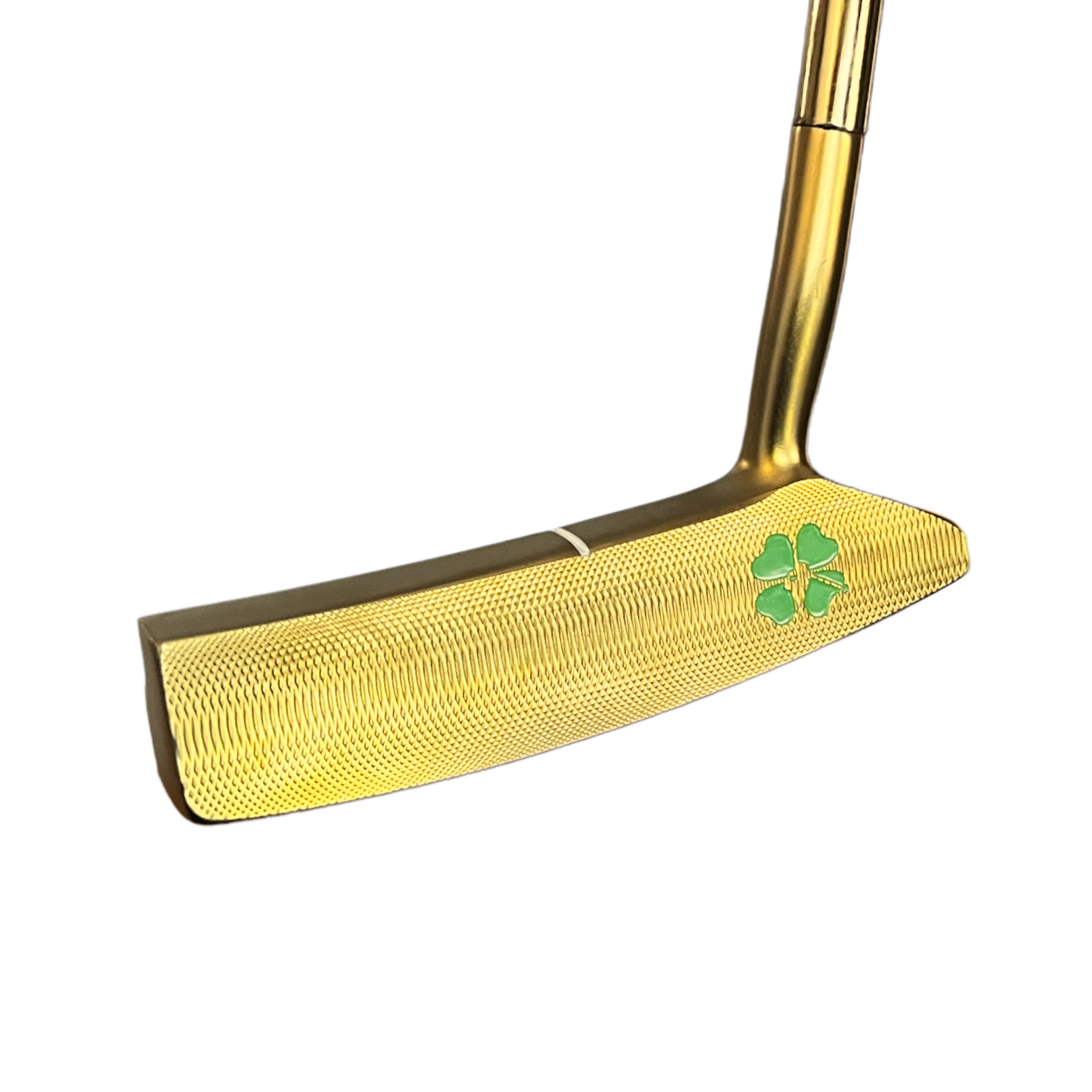 Golden golf club head with 'Lucky' and a clover design engraved.
