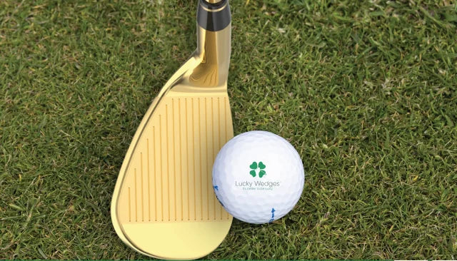 A gold Lucky wedge beside a golf ball